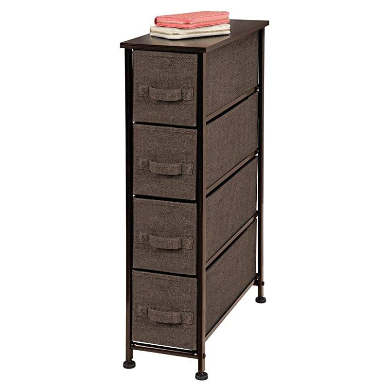 Narrow Vertical Dresser Storage Tower Sturdy Steel Frame Wood Top Easy Pull Fabric Bins Organizer Unit for Bedroom Hallway Entryway Closet Textured Print 4 Drawers Espresso Brown