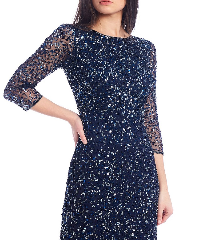 Kay Unger Long Bishop Sleeve V-Neck Crepe A-Line Dress