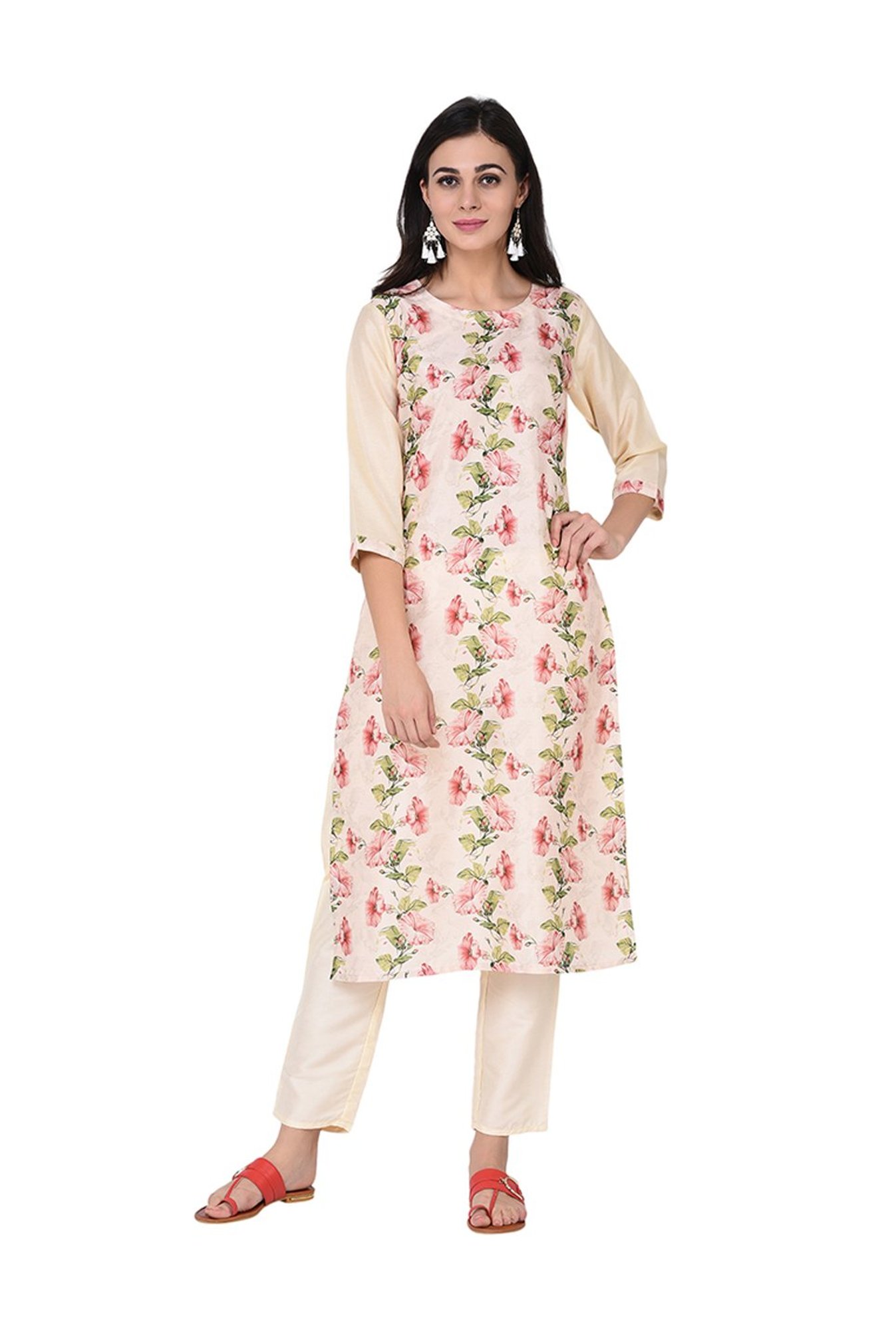 Ziyaa Beige Floral Print Straight Kurti