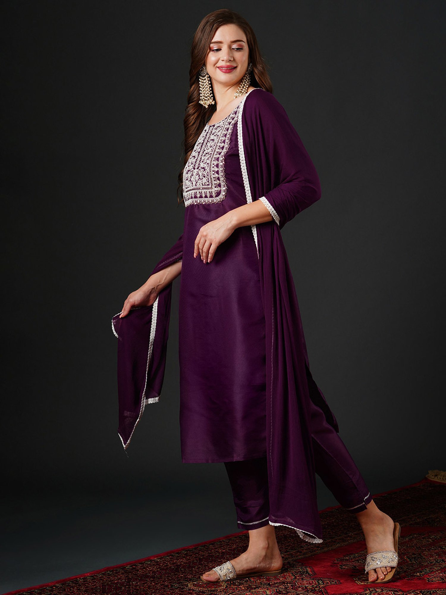 Indo Era Purple Embroidered Kurta With Pant & Dupatta