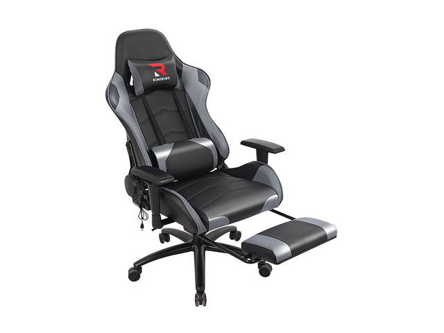 RIMIKINGMassage Gaming Chair with Retractable Footrest-Adjustable Lumbar Cushion Computer Office Racing Chair Headrest Swivel Rocking Desk Chair Ergonomic