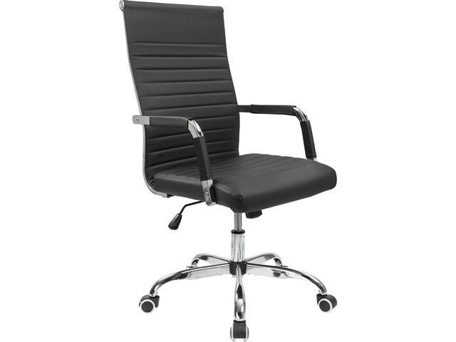 Furmax Ribbed Office Desk Chair Mid-Back PU Leather Executive Conference Task Chair Adjustable Swivel Chair with Arms (Black)