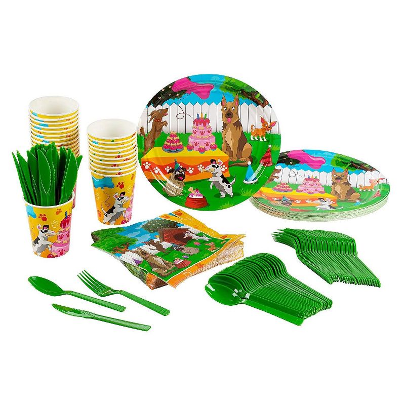 Juvale 144 Piece Serves 24 Disposable Puppy Dog Birthday Party Dinnerware Set, Plates/Napkins/Cups/Cutlery