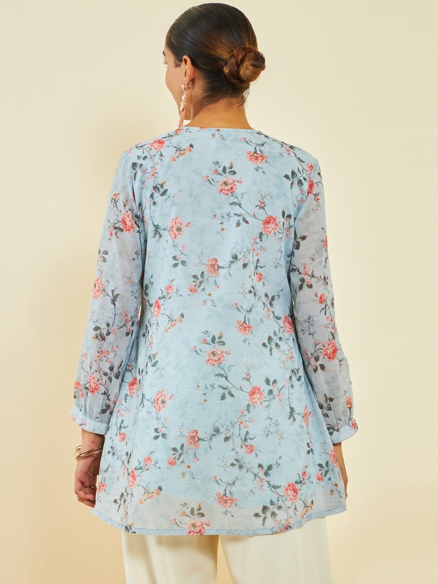 Soch Powder Blue Georgette Floral Print A-Line Tunic with Pintucks