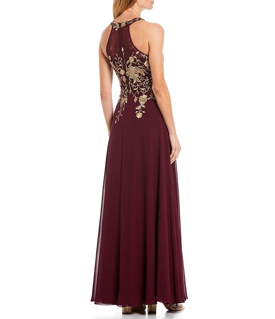 Betsy & Adam Halter Floral Embroidered Sleeveless Chiffon Gown
