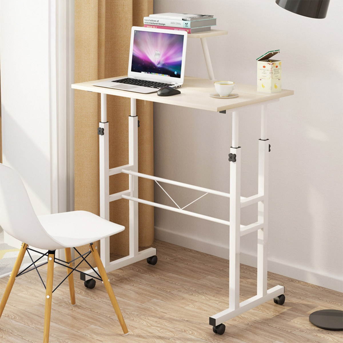 Mobile Standing Computer Desk Laptop Table Workstation Adjustable Height w/Shelf