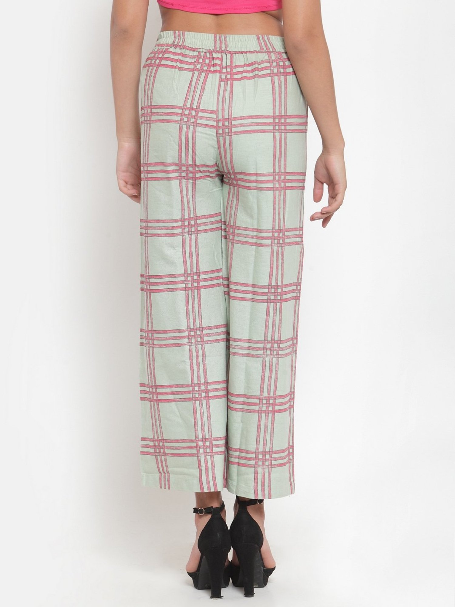 Indibelle Pista Green Cotton Chequered Palazzos