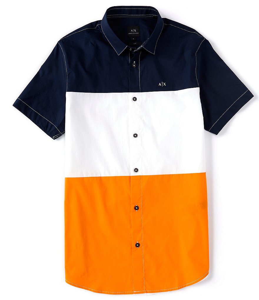 Armani Exchange Color Block Stretch Short-Sleeve Woven Shirt
