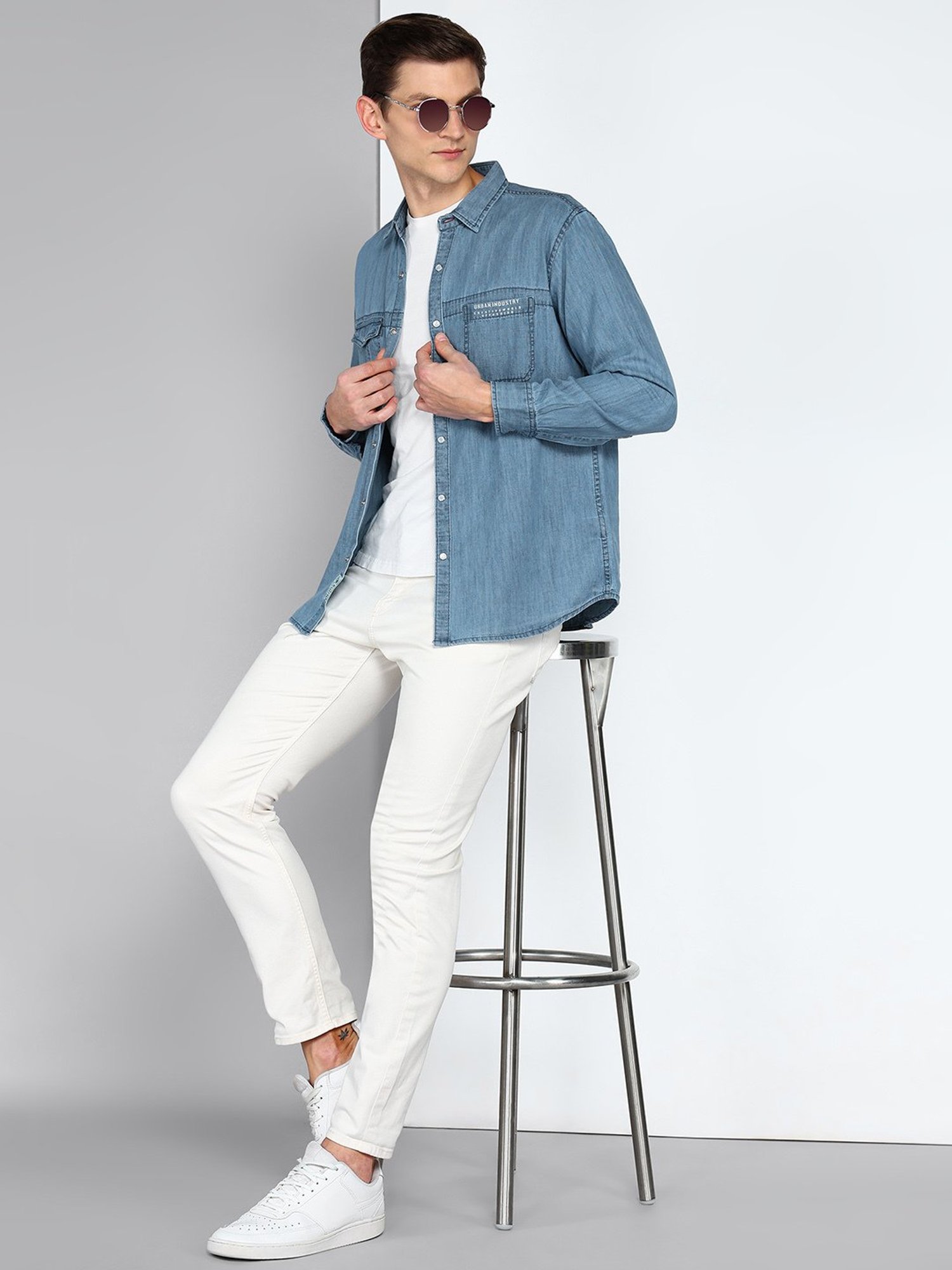 Kuons Avenue Ice Blue Slim Fit Denim Shirt