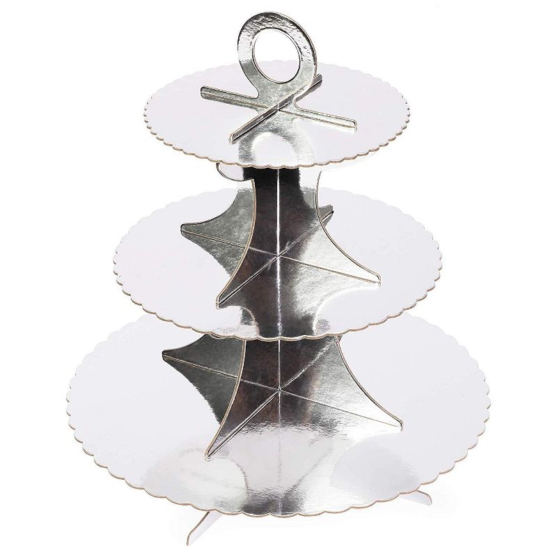 Sparkle and Bash 3-Pack 3-Tier Cardboard Cake Stand, Cupcake Dessert Treats Holder w/ Scalloped Edge, Silver Foil