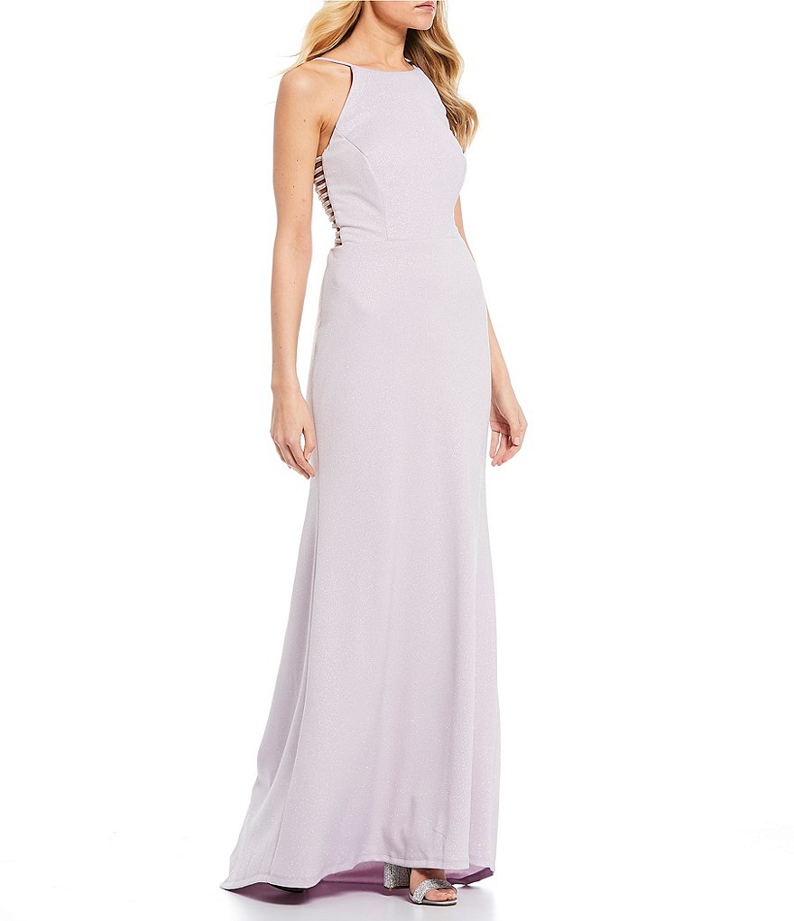 Jump High Neck Glitter Scuba Sheath Long Dress