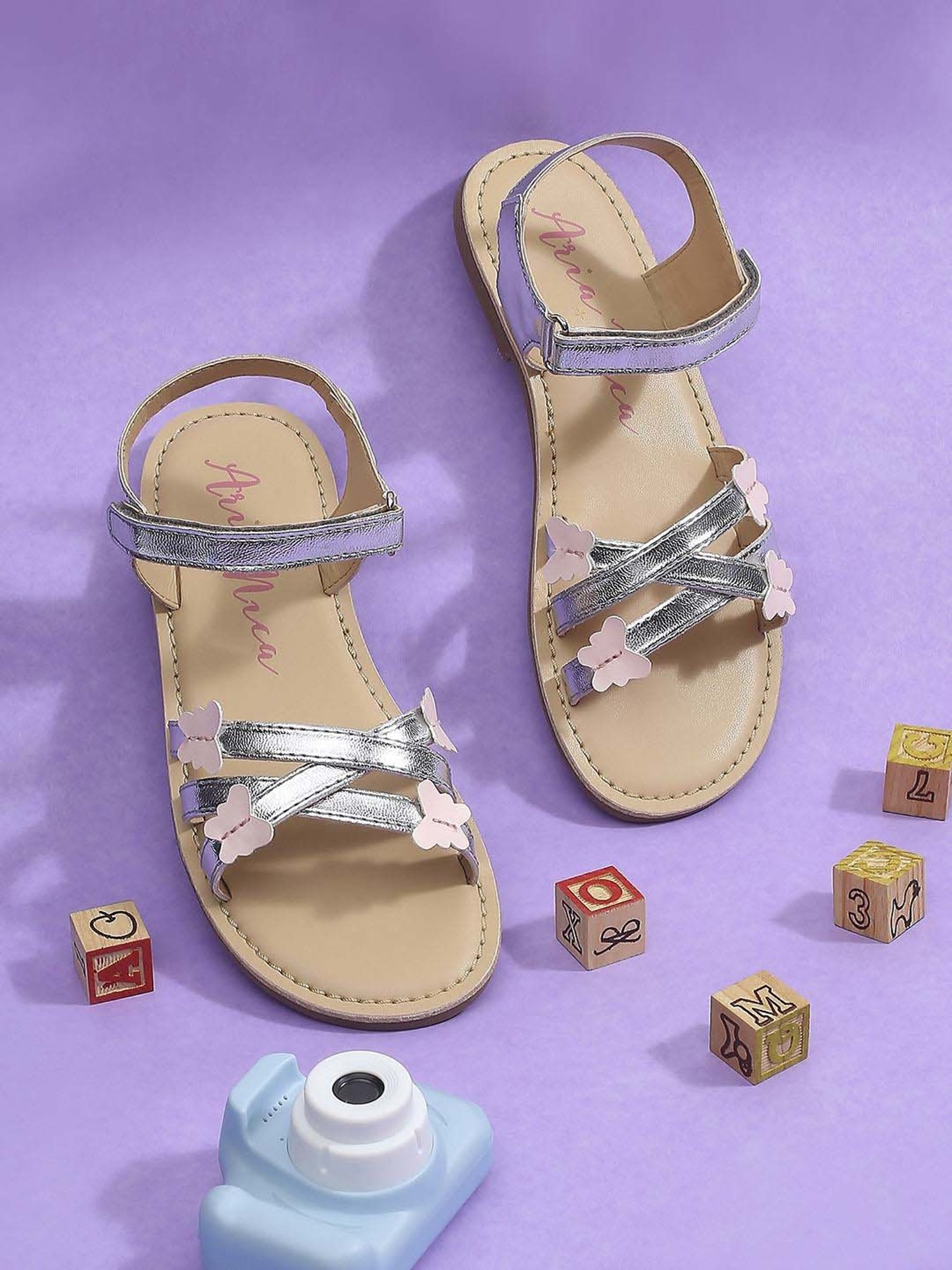 Aria Nica Kids Spring Silver & Beige Cross Strap Sandals