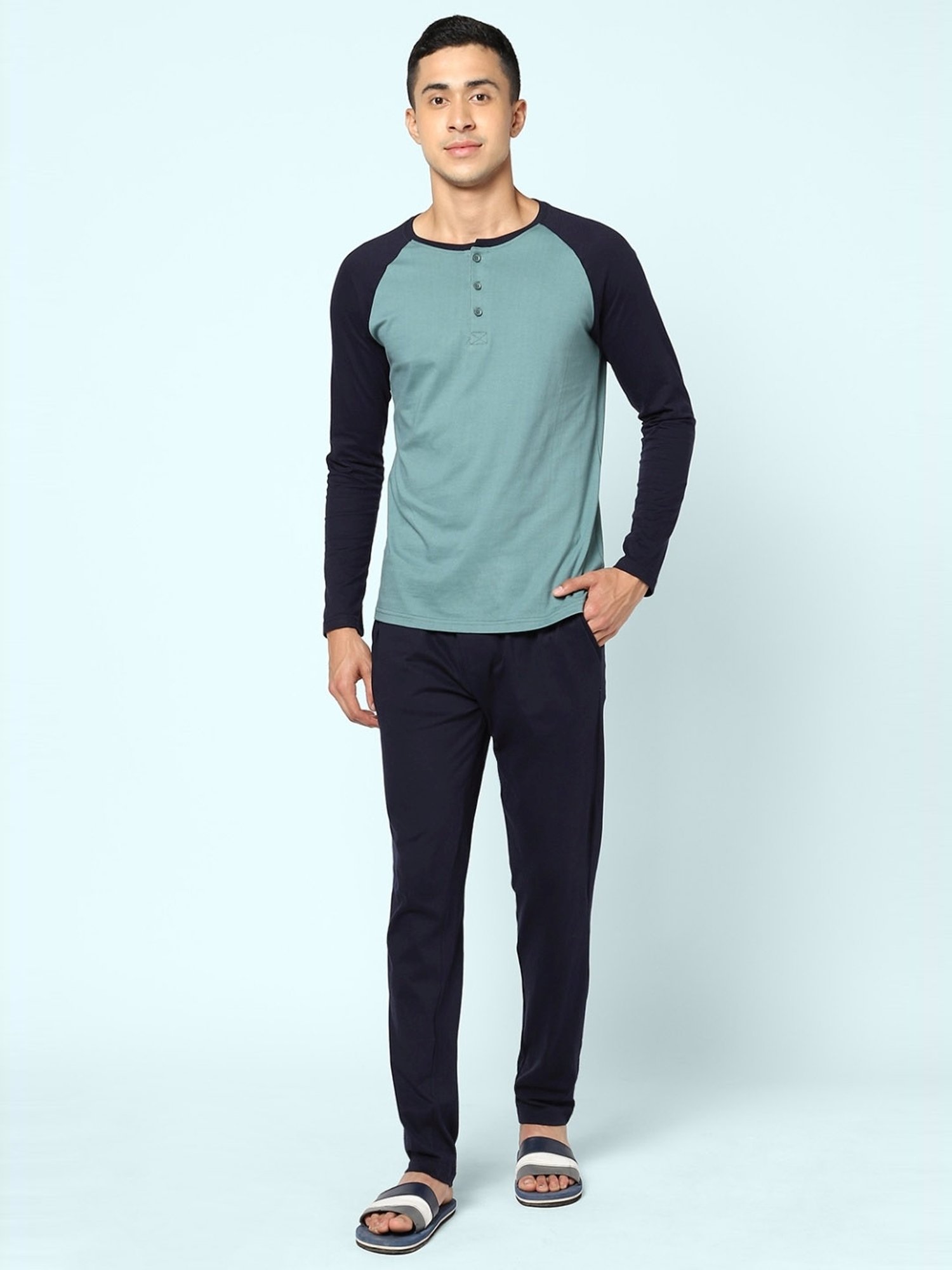 Ajile By Pantaloons Sage Green & Black Cotton Slim Fit Colour Block Lounge T-Shirt