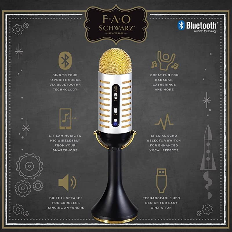 Karaoke Music Microphone w/Built-in Portable Handheld Speaker for Parties, Bluetooth & Smartphone Compatible, Vintage 20s Ribbon Style, USB, AUX Cable & Headphone Jacks, Rechargeable