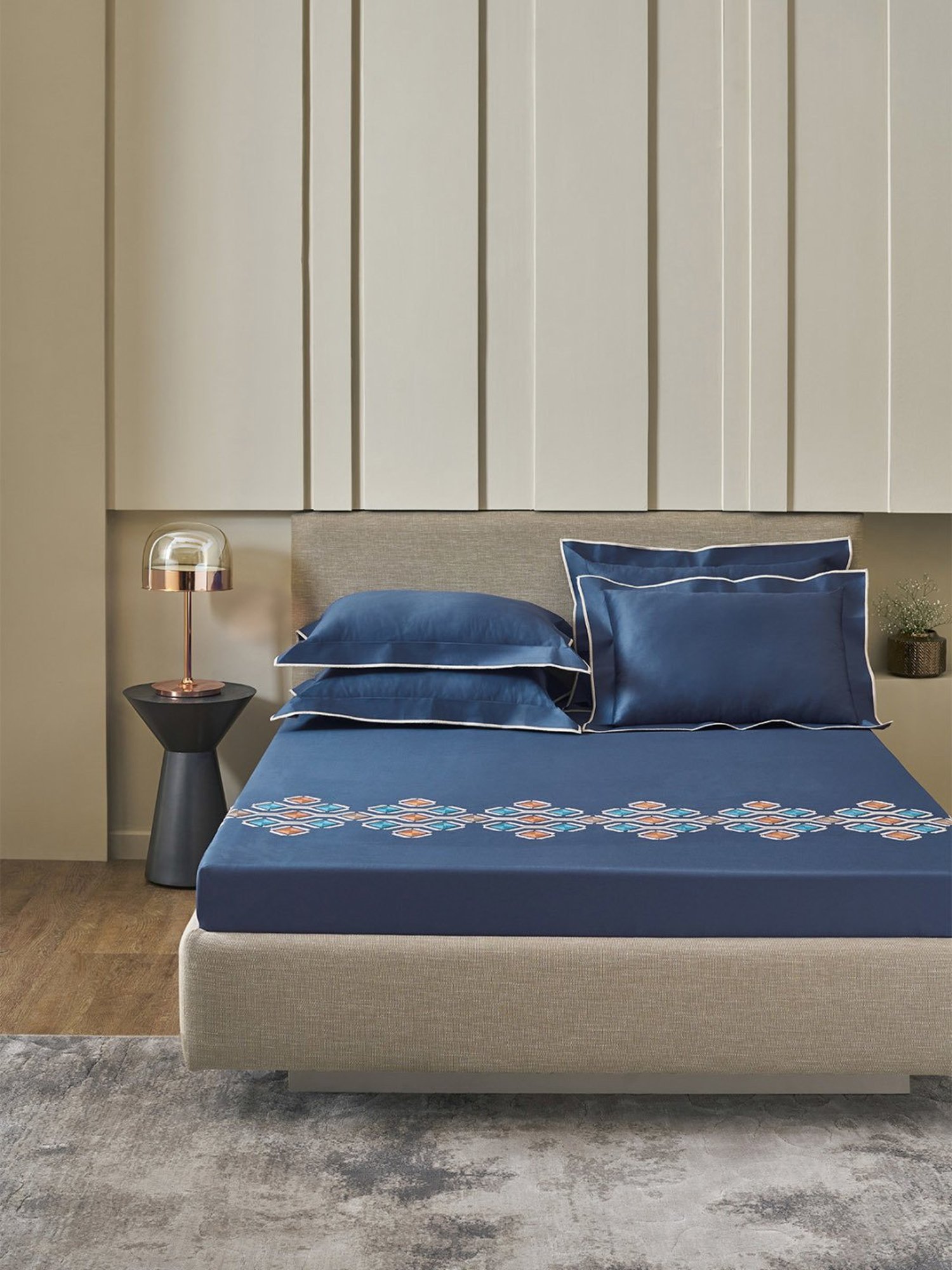 DDECOR Live beautiful Embroidery Navy Blue 210 TC Cotton King Bedsheet with 2 Pillow Covers