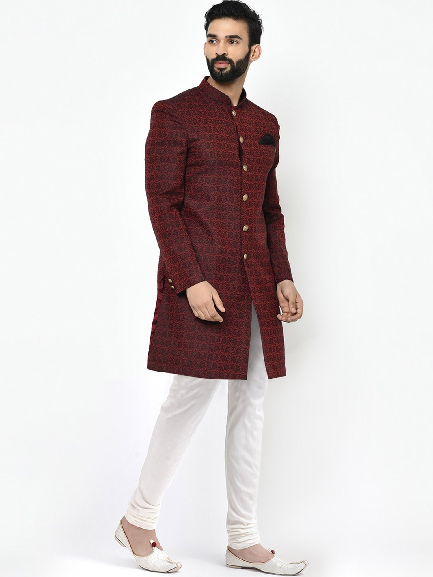 KISAH Maroon & White Regular Fit Jacquard Sherwani Set