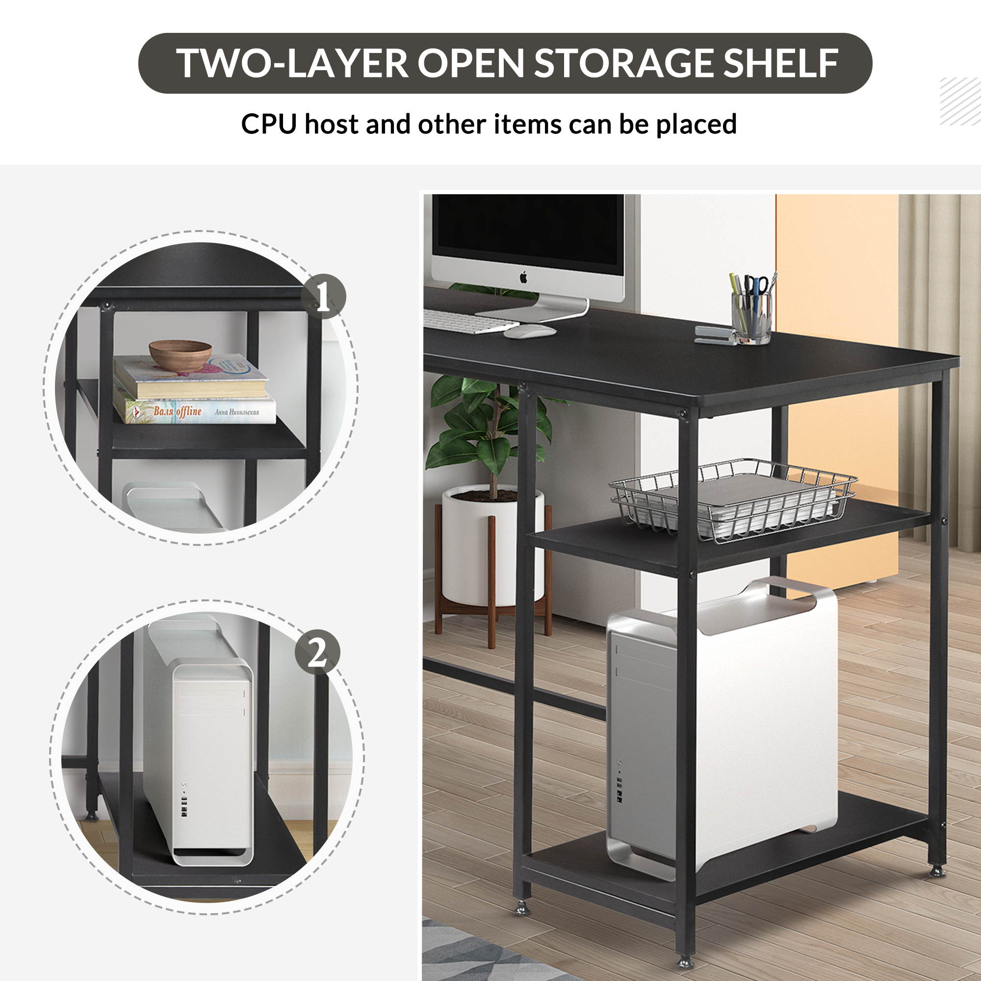 Home Office Computer Desk, UHOMEPRO Modern Large Study Table PC Laptop Writing Desk Workstation with Hutch Bookshelf, 62.9"L x 35.4"W x 57.8"H, Brown