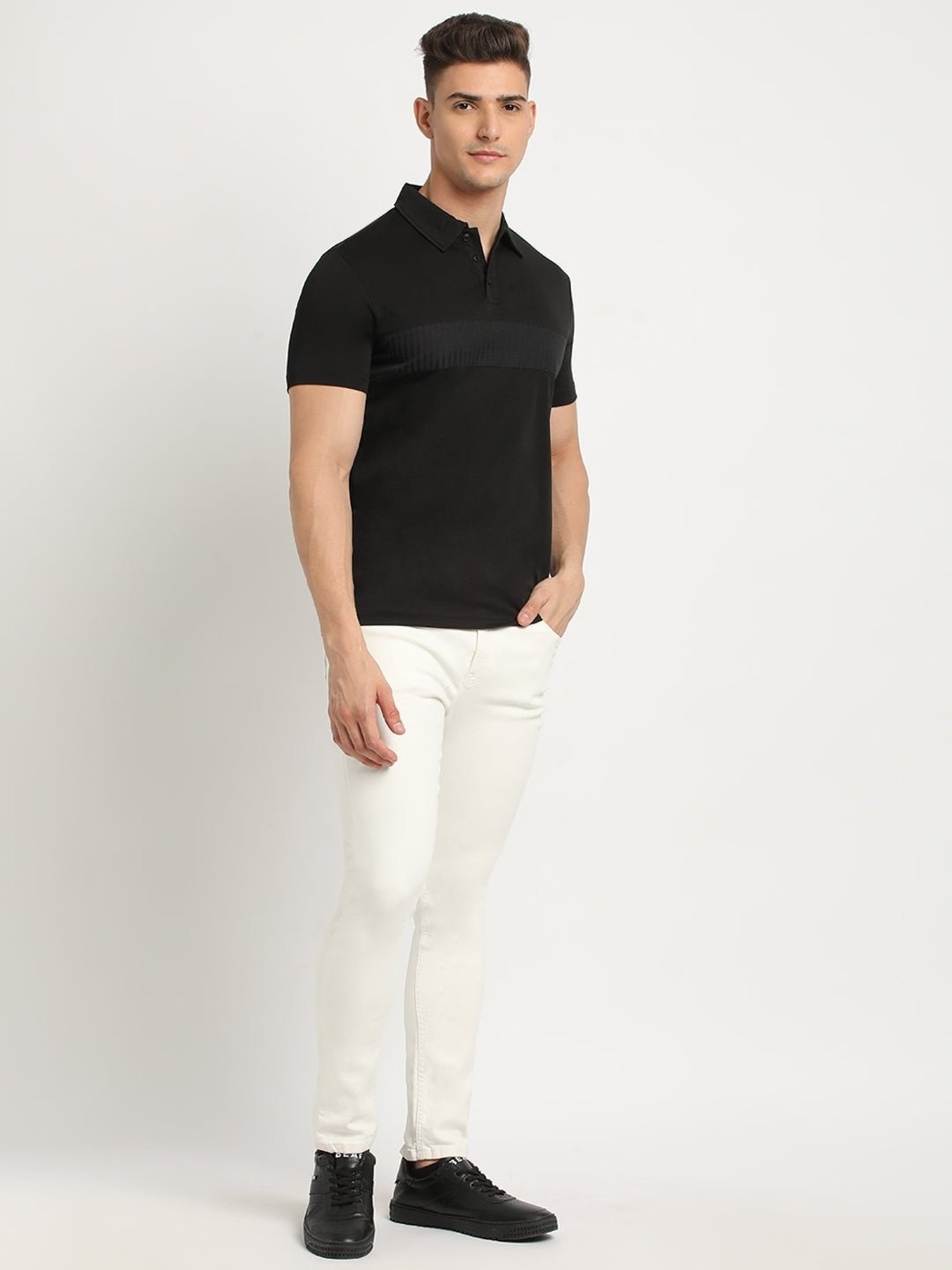 The Bear House Black Slim Fit Self Pattern Polo T-Shirt
