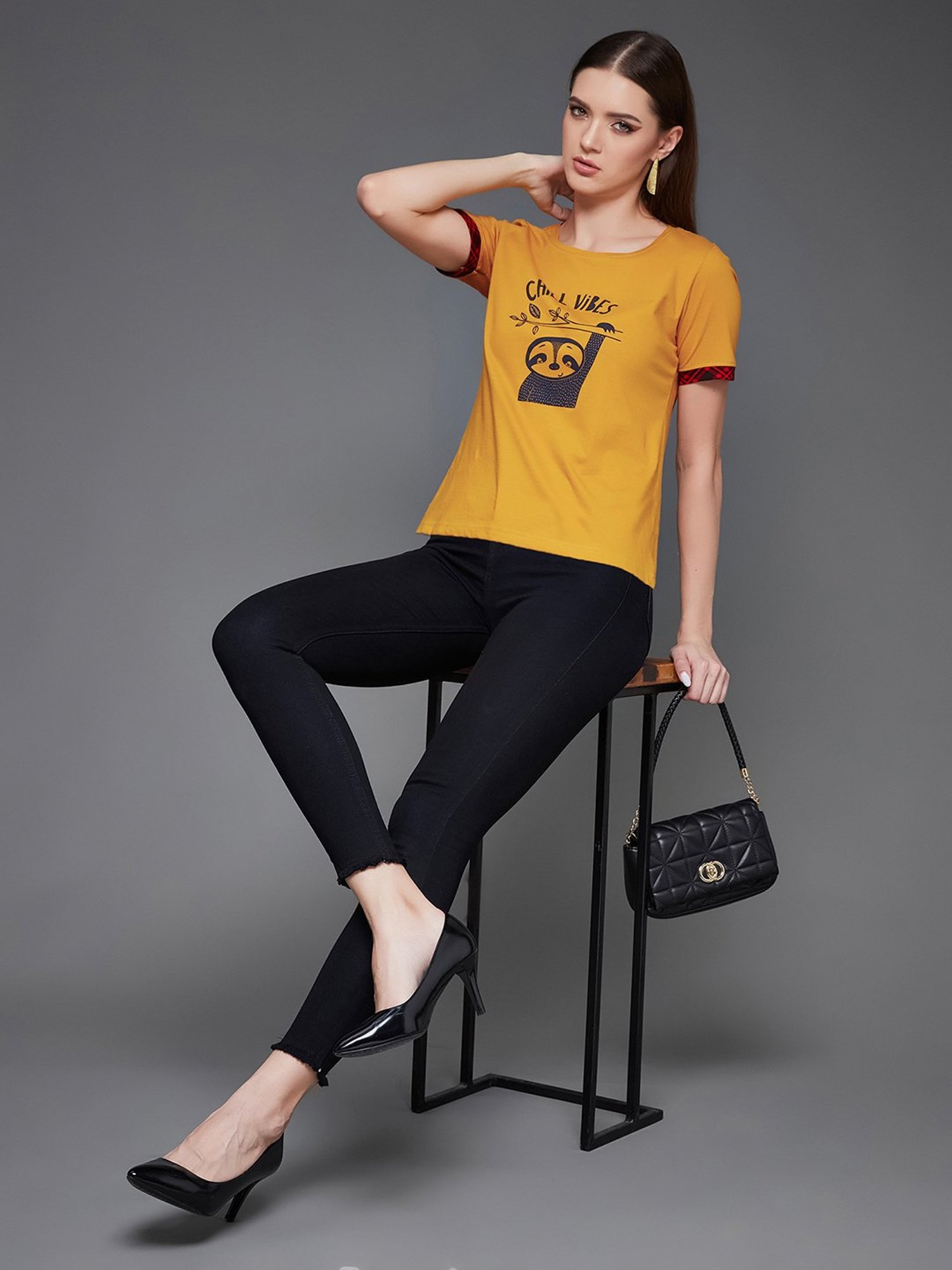 Miss Chase Yellow Cotton Graphic Print T-Shirt