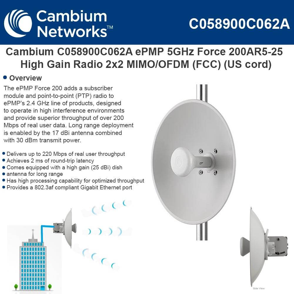 Cambium Networks - C058900C062A - Cambium ePMP Force 200 5GHz Dish Antenna With Integrated High Gain Radio (FCC, US