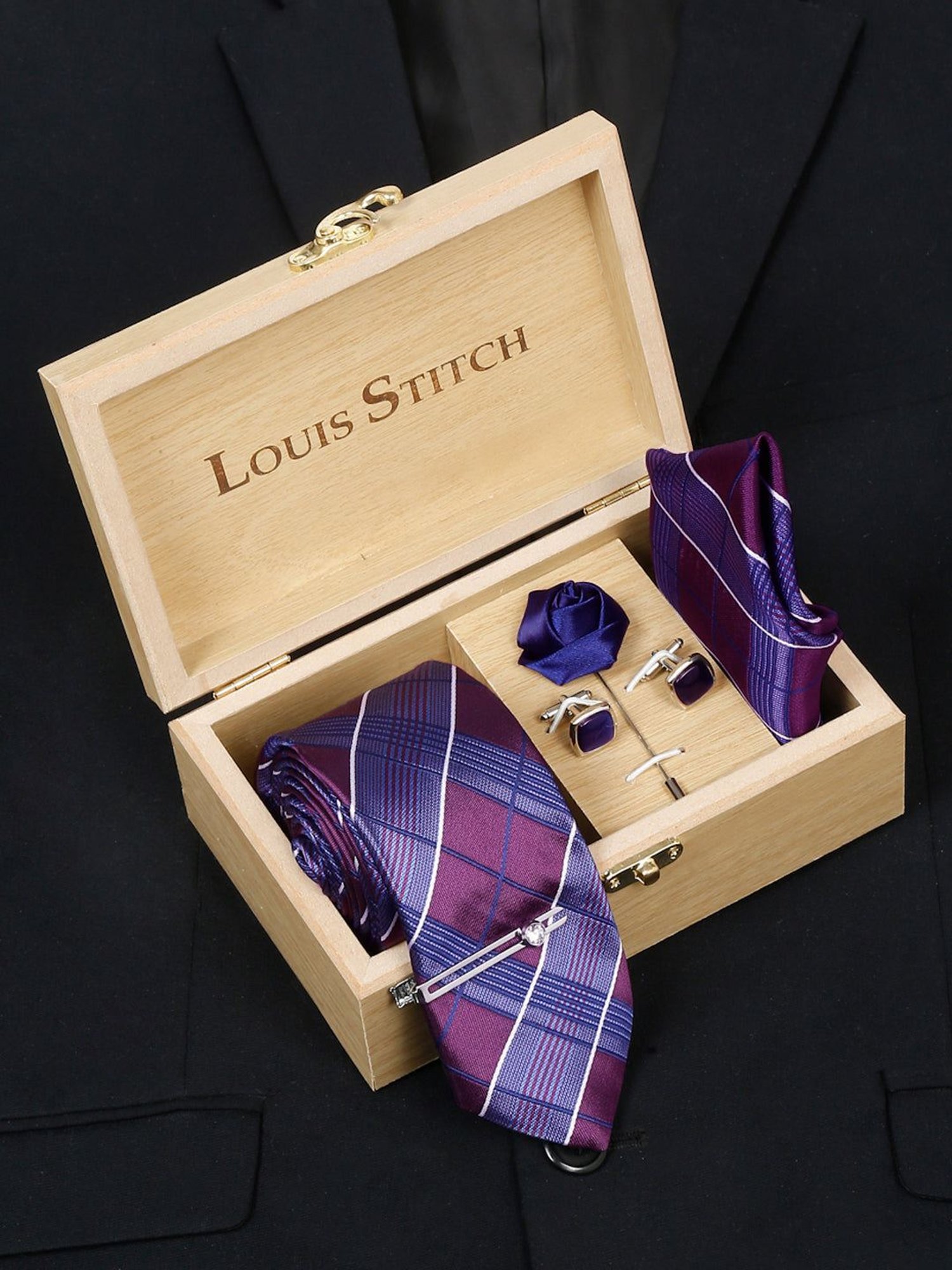 Louis Stitch Purple Checks Necktie Gift Set - Set of 5