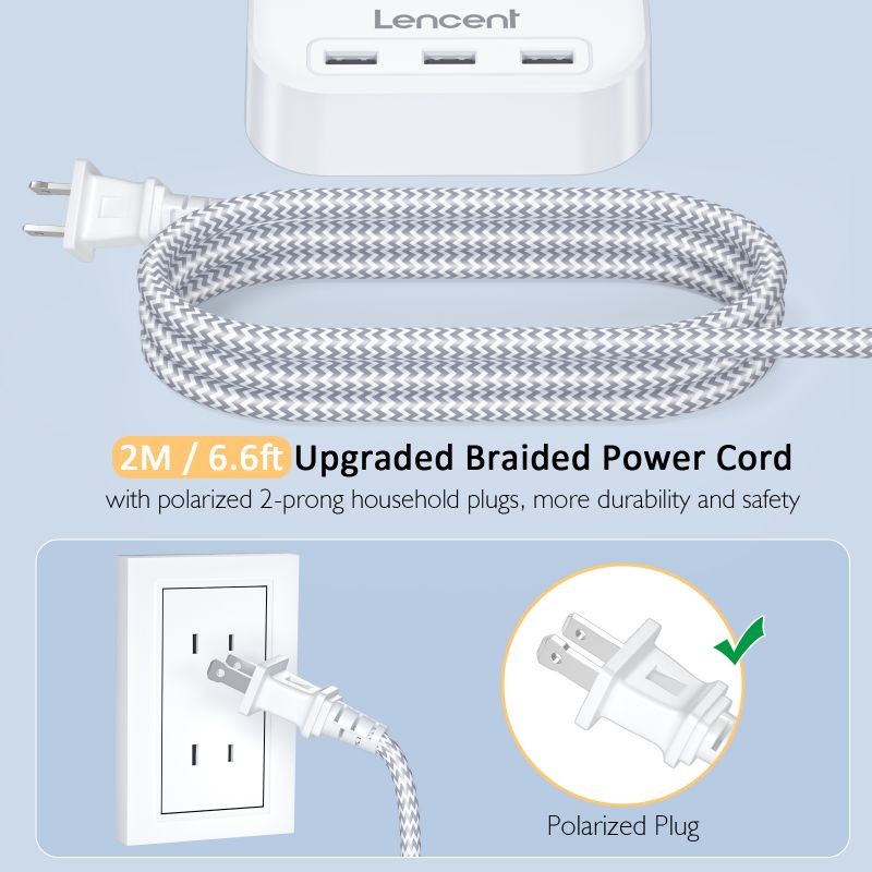 LENCENT 2 Prong Power Strip, 3 Prong to 2 Prong Outlet Adapter, 6.6ft Braided Extension Cord with Polarized Plug, 3 AC Outlets & 3 USB(5V 3.4A Max), Wall Mountable, Ideal for Non-Grounded Outlets