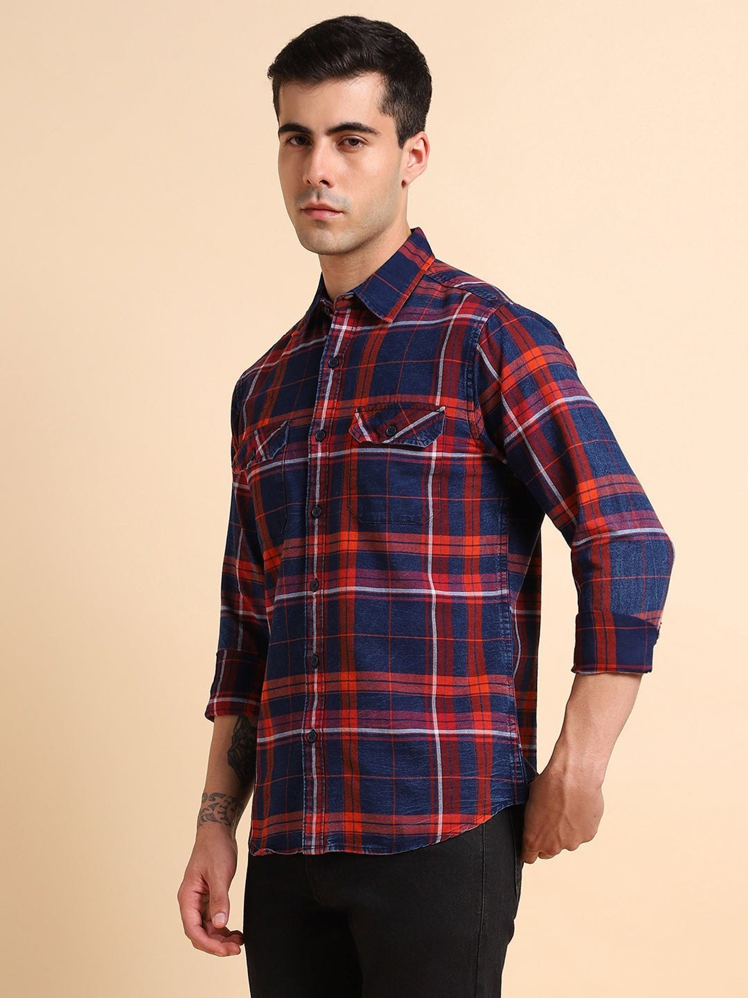 Dennis Lingo Red & Navy Cotton Slim Fit Checks Shirt