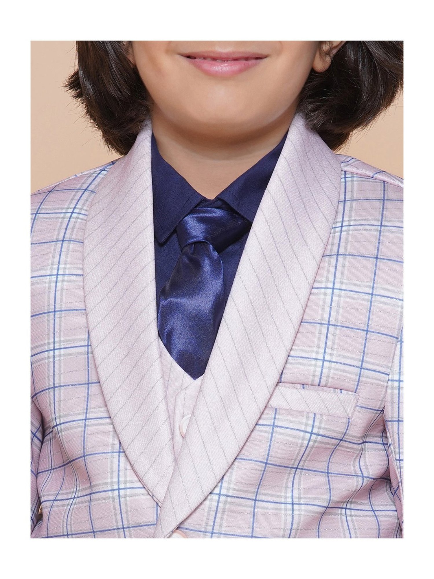 AJ Dezines Kids Pink & Blue Checks Full Sleeves Shirt, Pants, Coat, Waistcoat with Tie