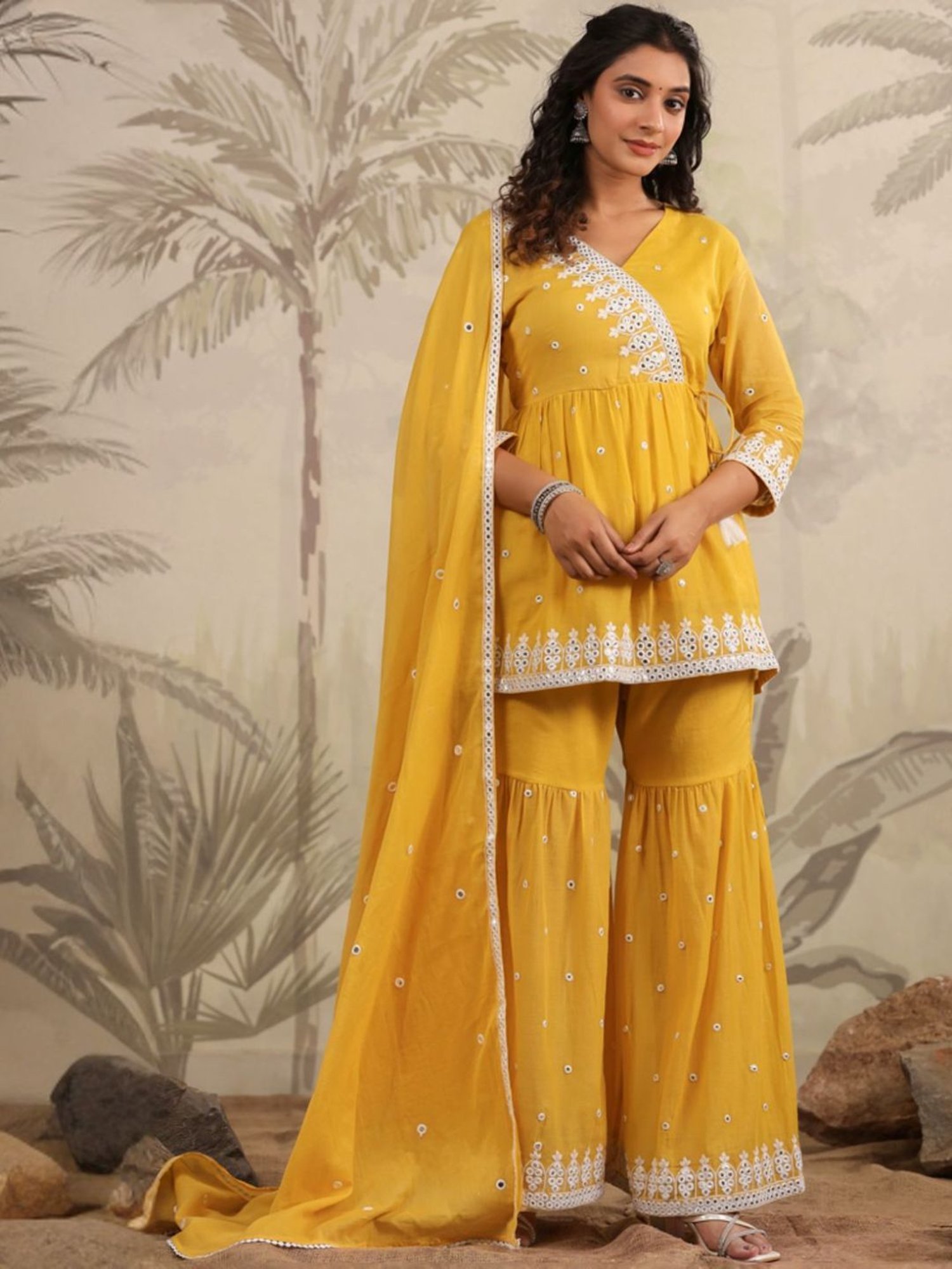 SCAKHI Mustard Mulmul Mirror Embroidered Peplum Kurta With Sharara And Dupatta