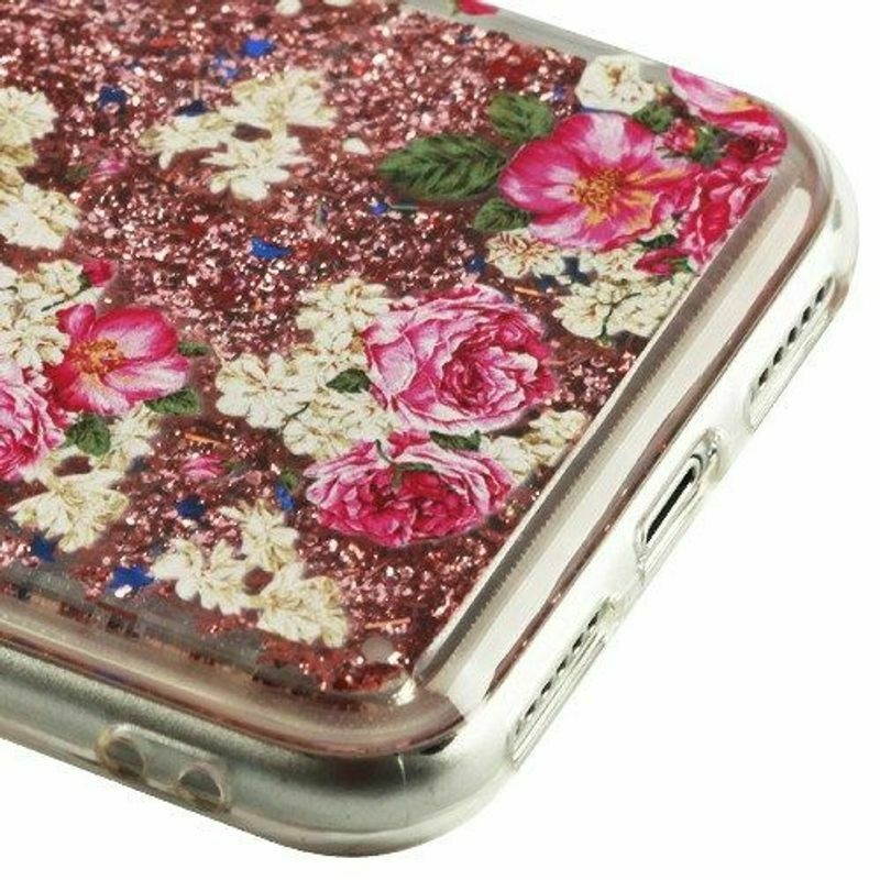 For  iPhone X/XS 10 Pink Roses Quicksand Glitter Hard TPU Hybrid Case Cover