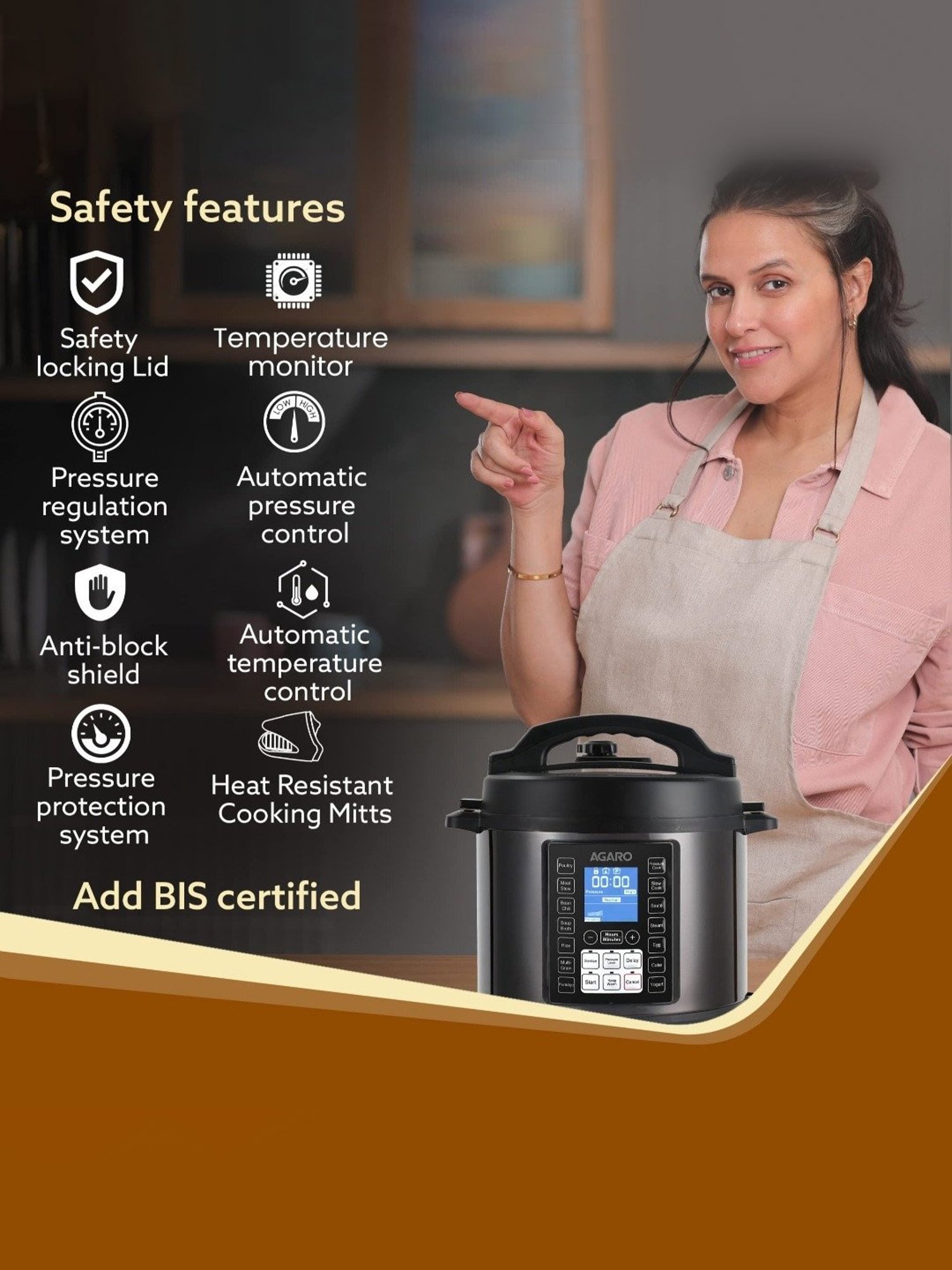 Agaro Imperial Electric Pressure Cooker 8 L with 14 Pre Set multi Cooking Functions(Black)