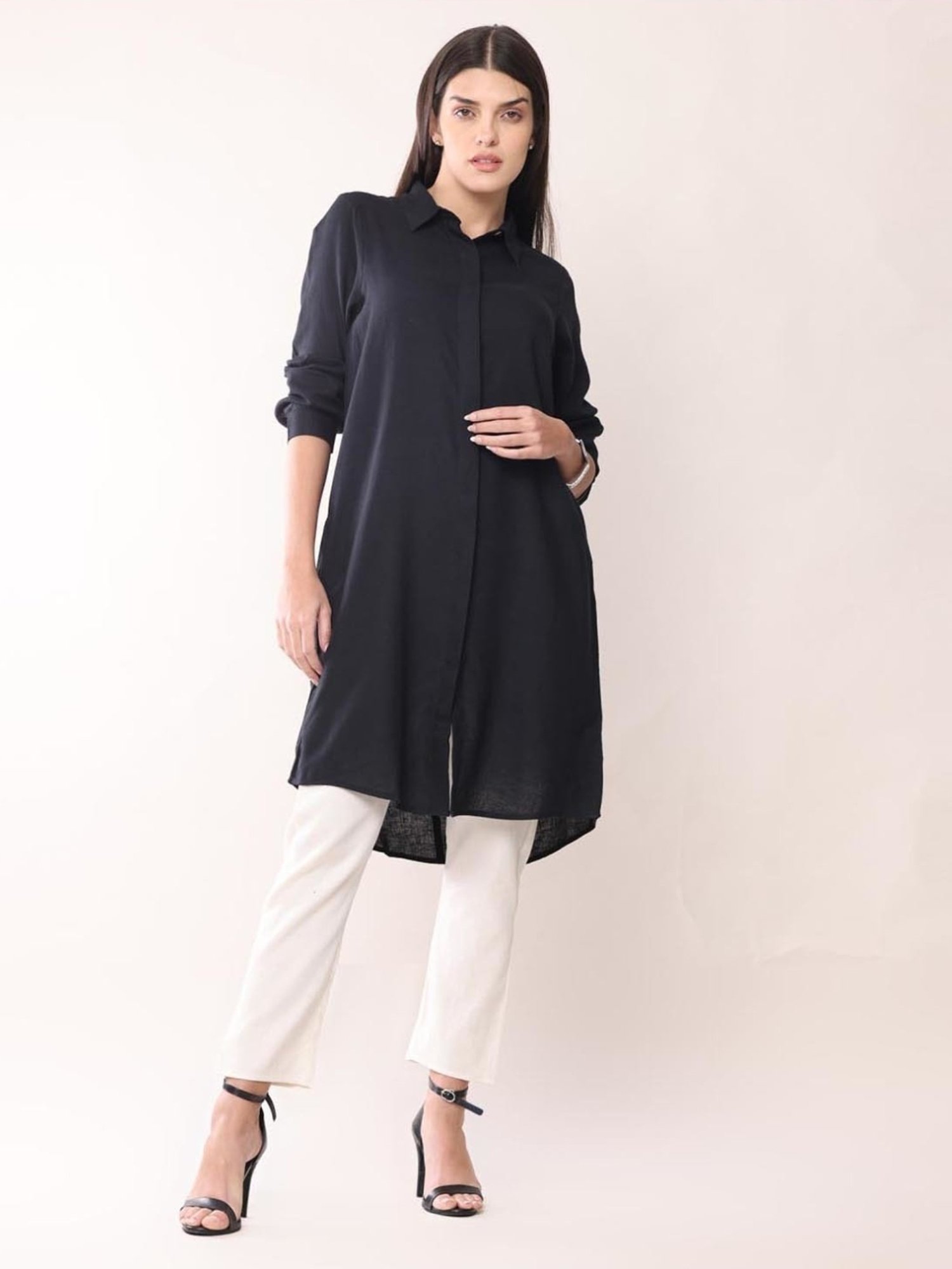 Saltpetre Classic Black Long Shirt with Cream Pant in Linen