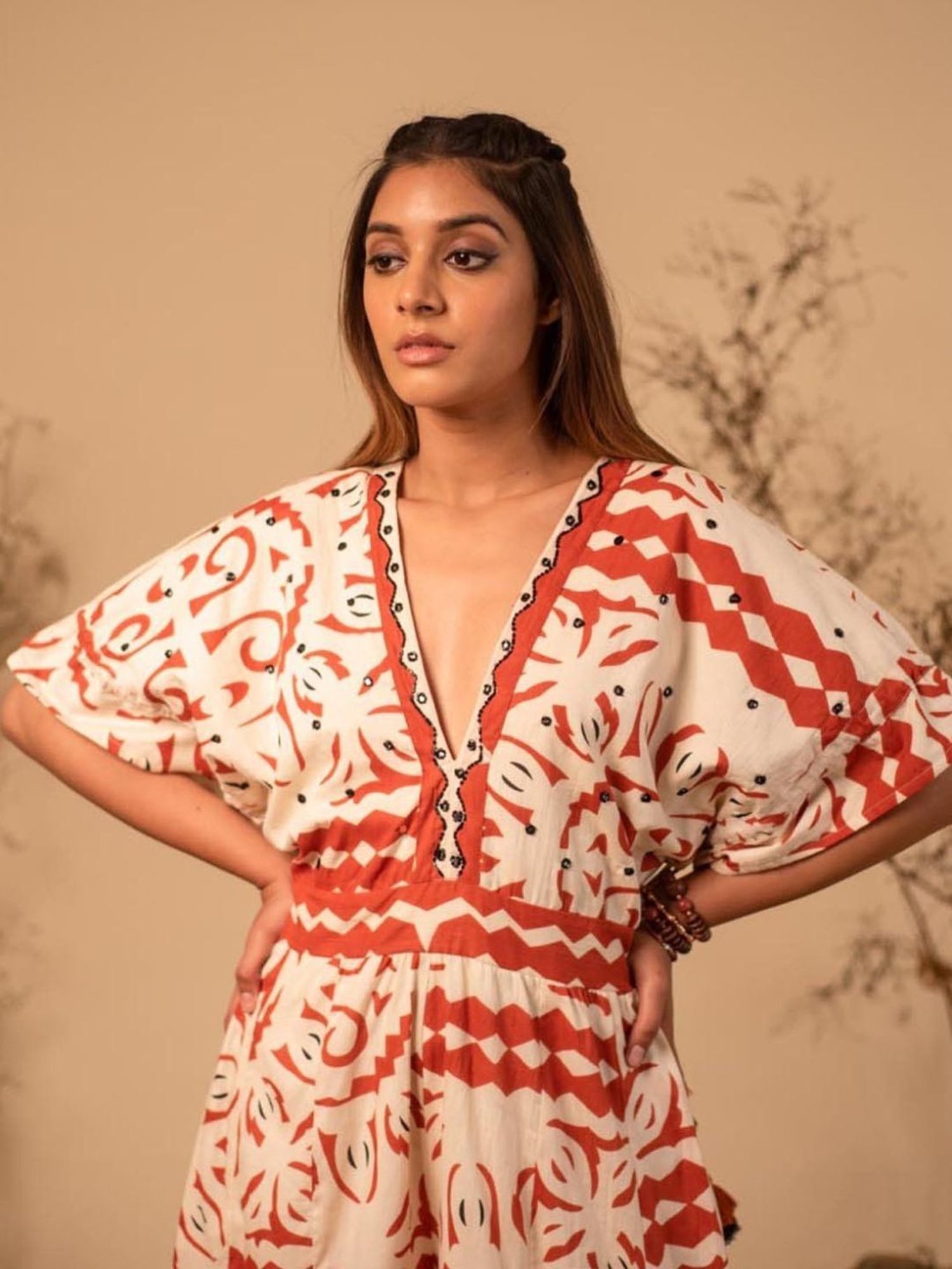 LABEL REYYA Beige & Rust Tribal Jumpsuit