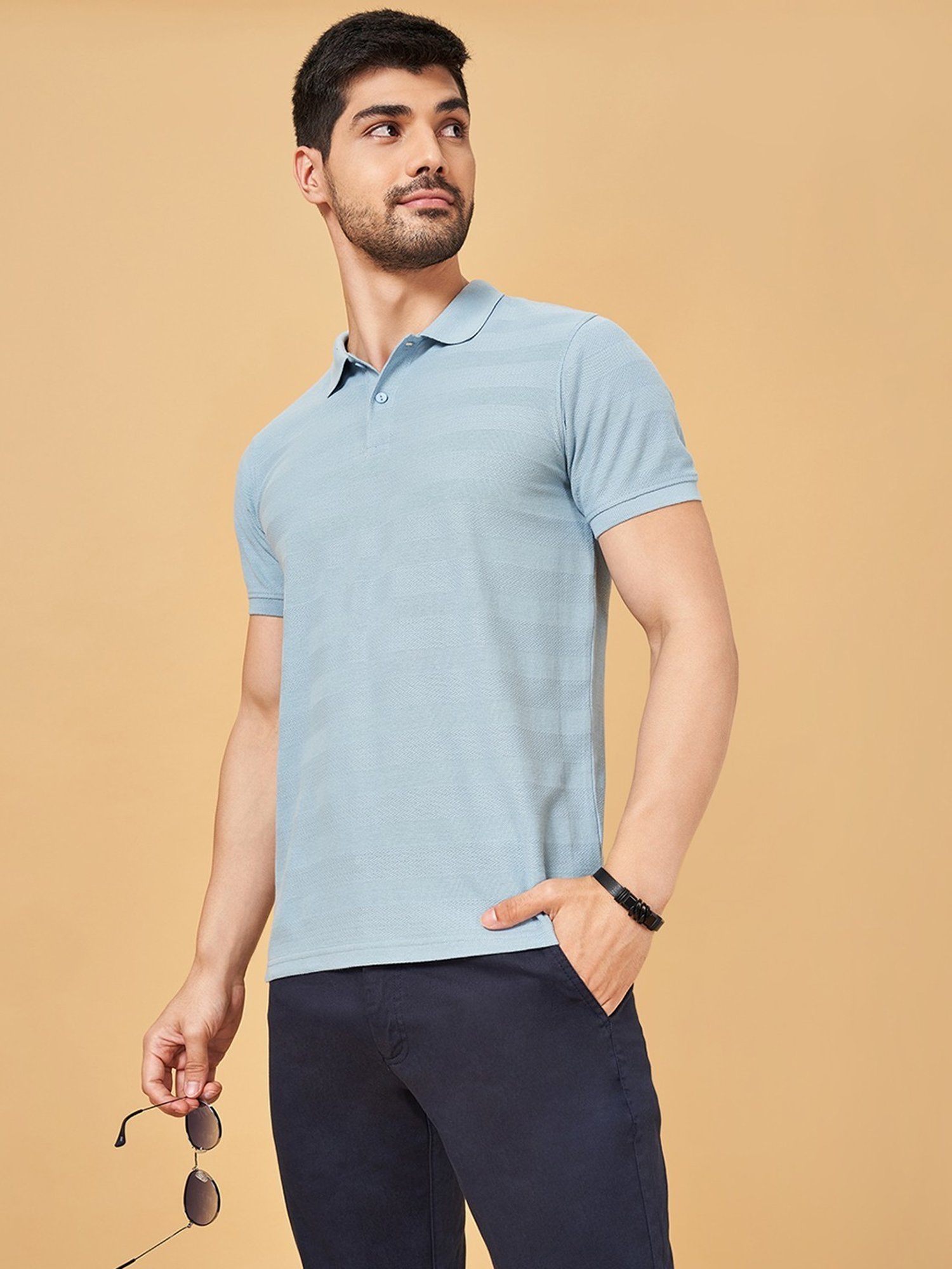 Byford By Pantaloons Blue Slim Fit Self Pattern Polo T-Shirt