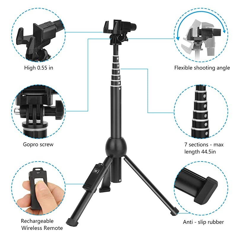 Stick,45 Inch Extendable Stick Tripod with Rechargeable Wireless Remote and Phone Tripod Stand,Compatible with iPhone 11 Pro Xs X 8 7 6 Plus,Samsung Galaxy Note10 S10 S9 S8,Gopro