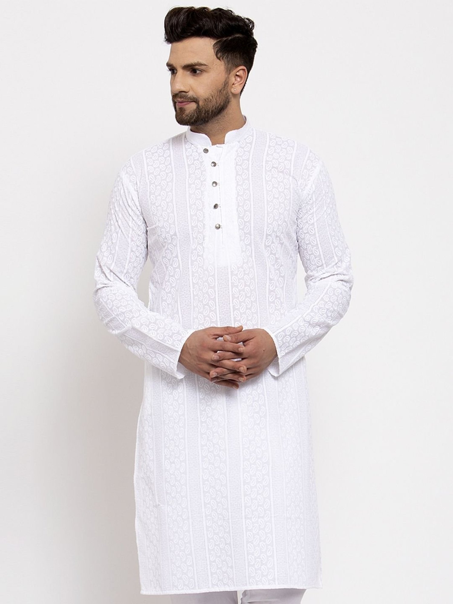 Jompers White Cotton Regular Fit Embroidered Kurta