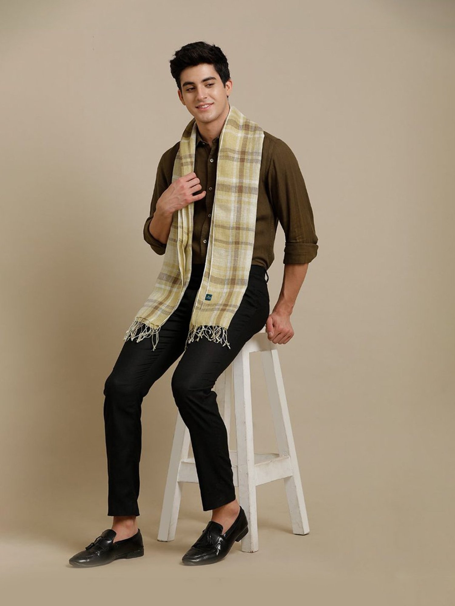 Linen Club Brown Checks Pure Linen Stole