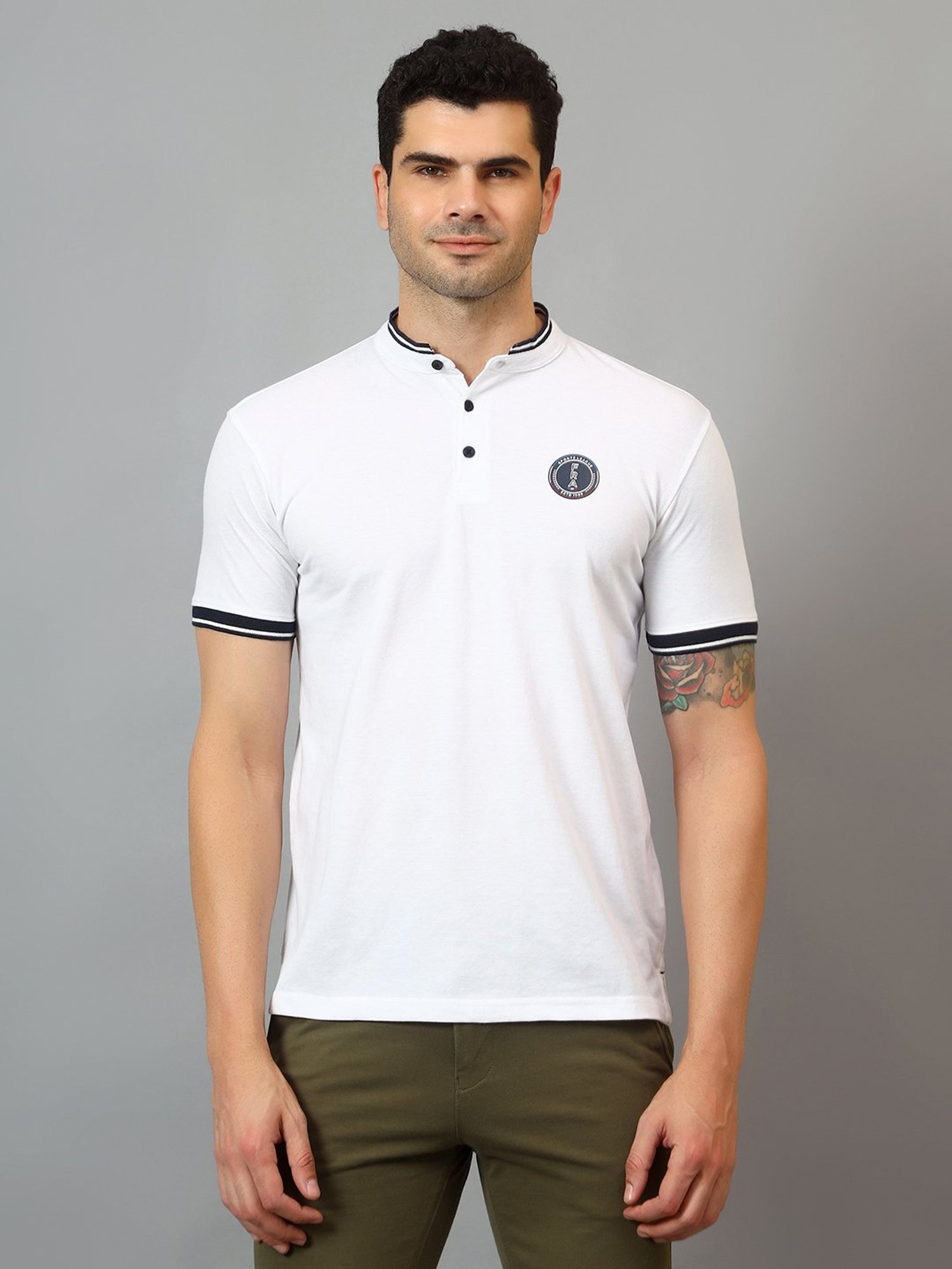Cantabil White Regular Fit Mandarin Collar T-Shirt