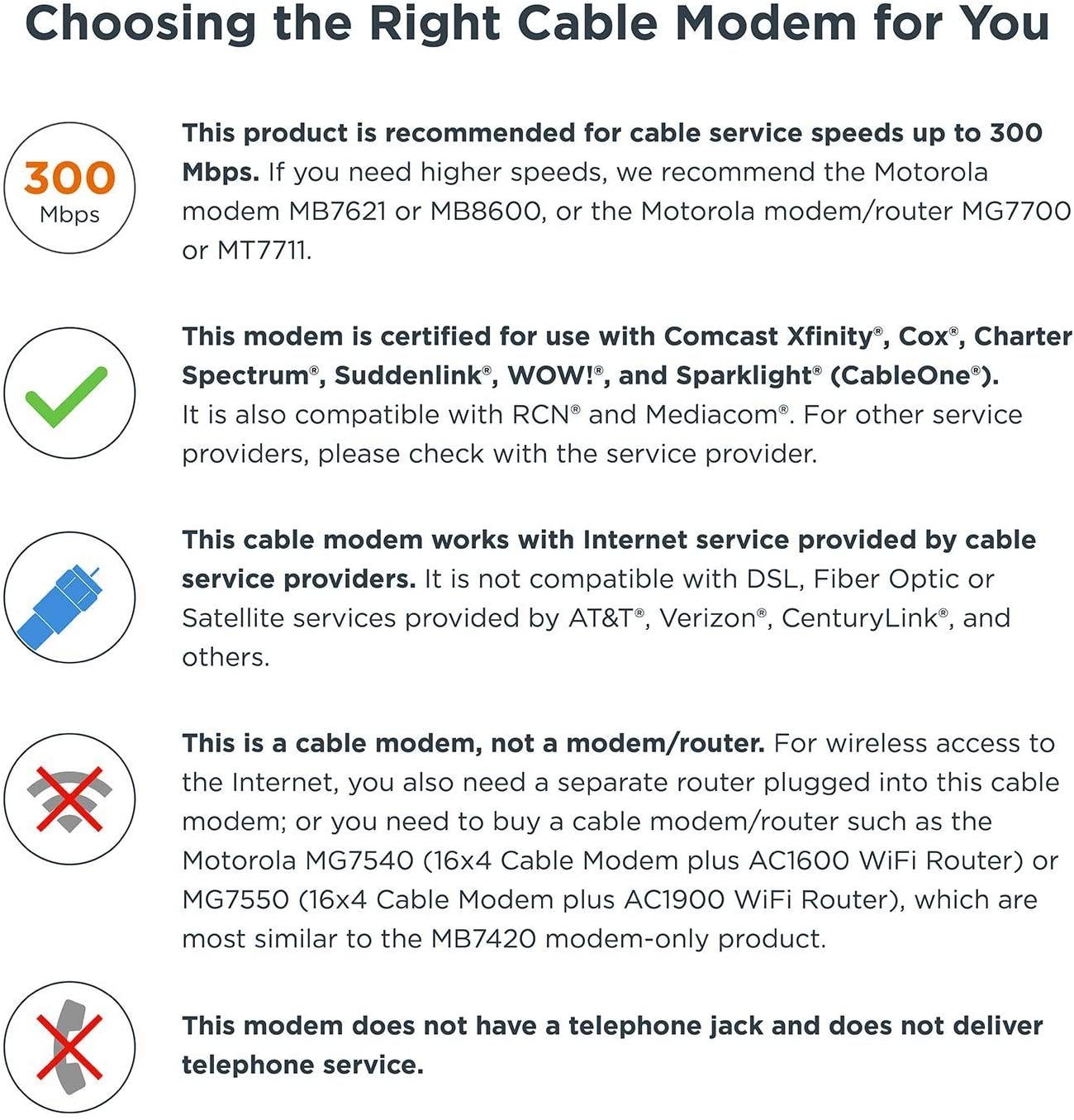 MOTOROLA 16x4 Cable Modem Model MB7420 686 Mbps DOCSIS 3.0 Certified by Comcast XFINITY Charter Spectrum Time Warner Cable Cox BrightHouse and More