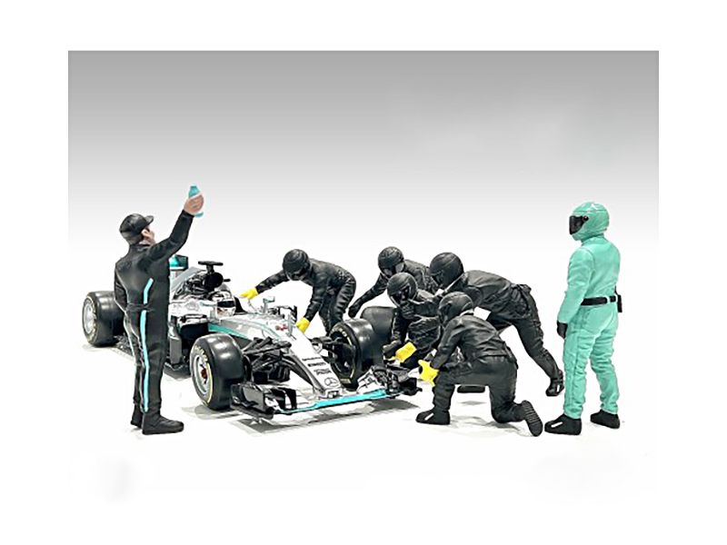 Formula One F1 Pit Crew 7 Figurine Set Team Blue for 1/43 Scale Models by American Diorama