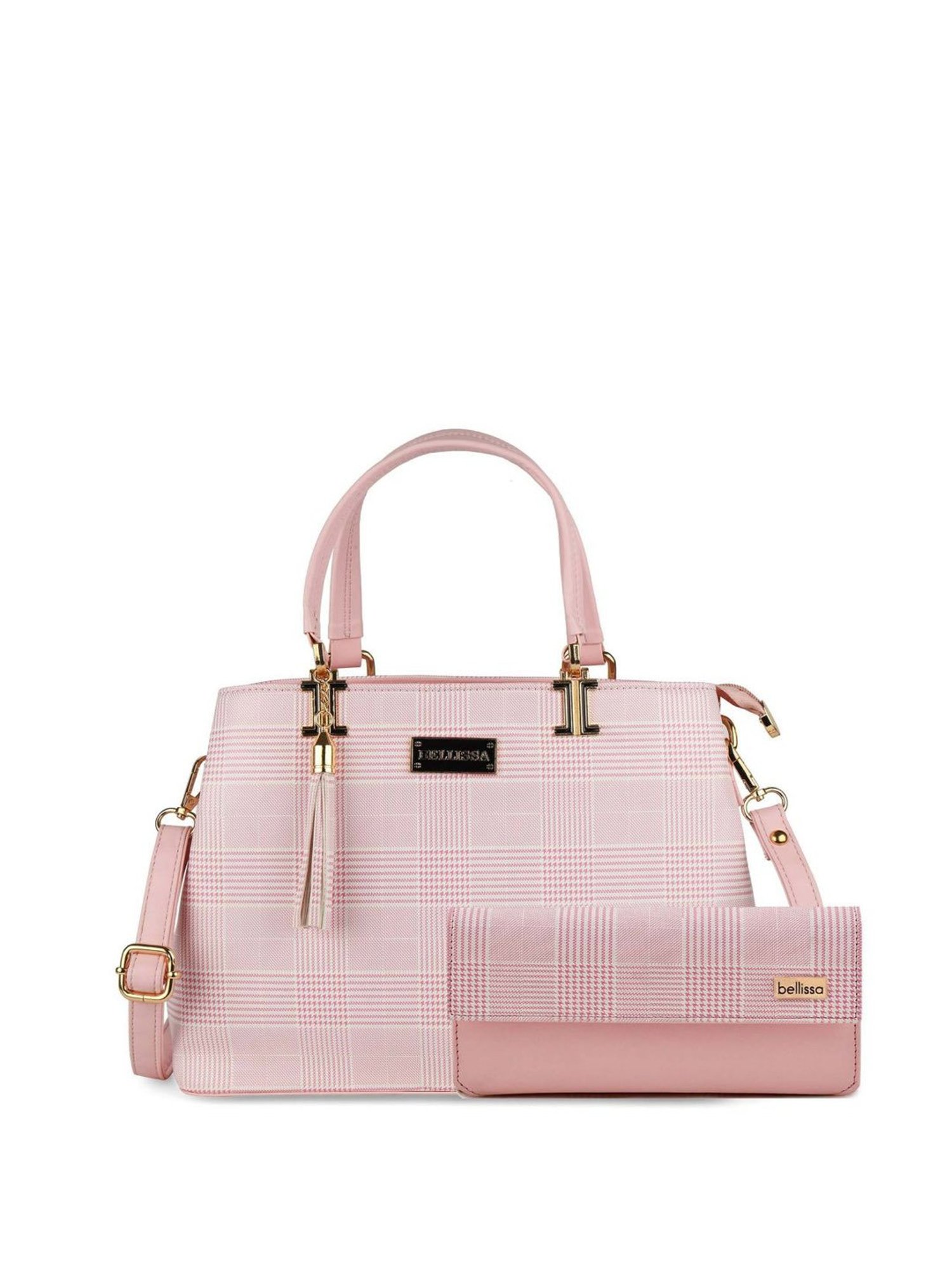Bellissa Pink Checks Medium Handbag with Wallet Combo