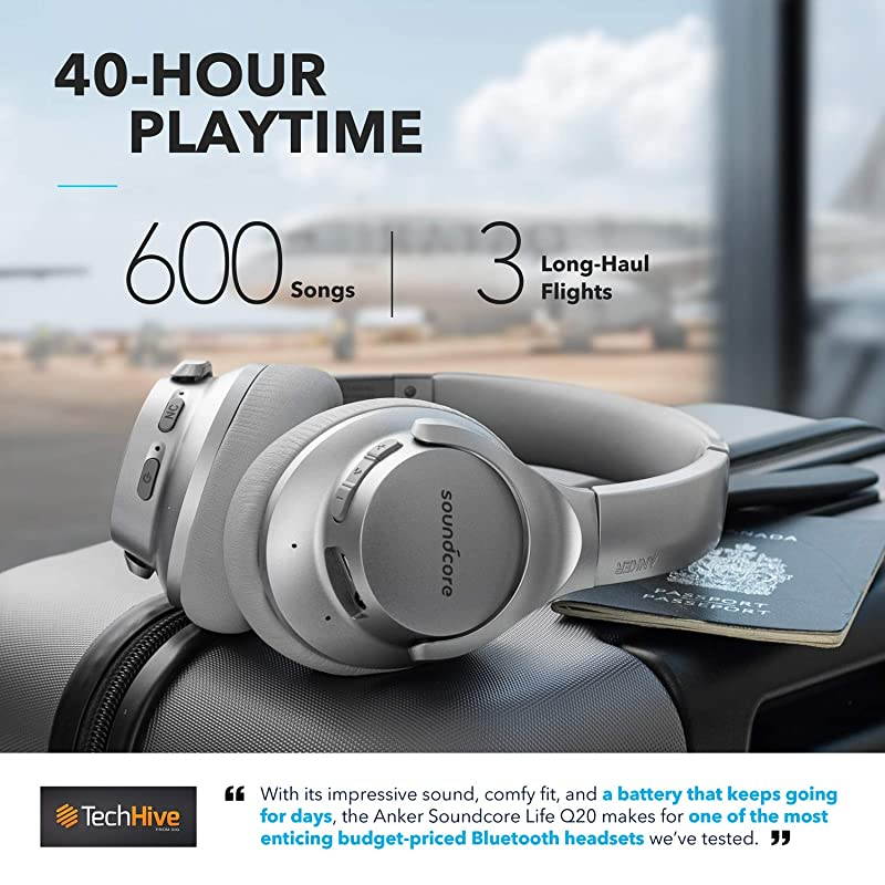 Anker  Life Q20 Hybrid Active Noise Cancelling Headphones Wireless Over Ear Bluetooth Headphones with 40H Playtime HiRes Audio Deep Bass Memory Foam Ear Cups and Headband for TravelWork