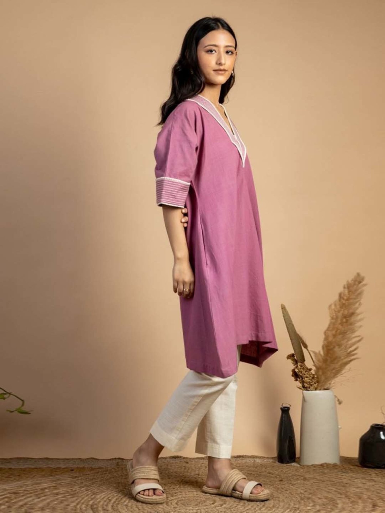 Mushio Magenta Pink Kriti Hand Woven Kaftan Style Kurta
