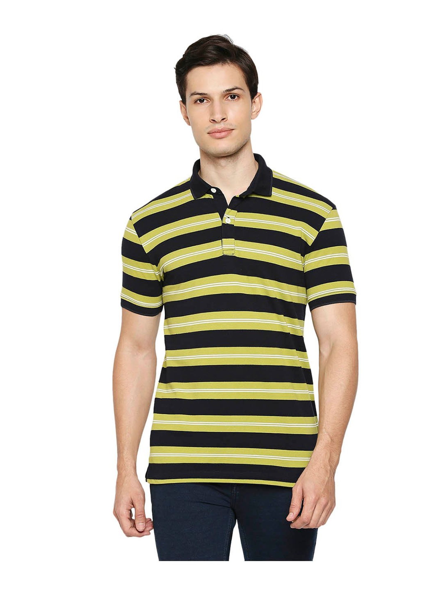 Mufti Lime Green & Navy Blue Striped Polo T-Shirt