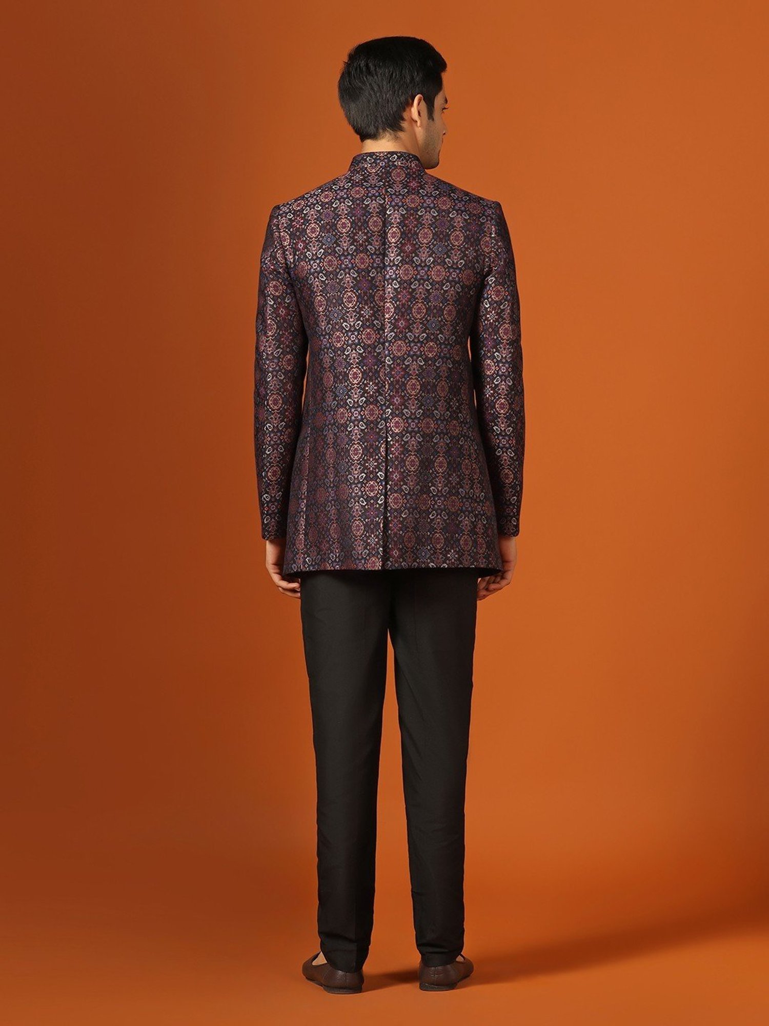 KISAH Black Regular Fit Self Pattern Sherwani Set