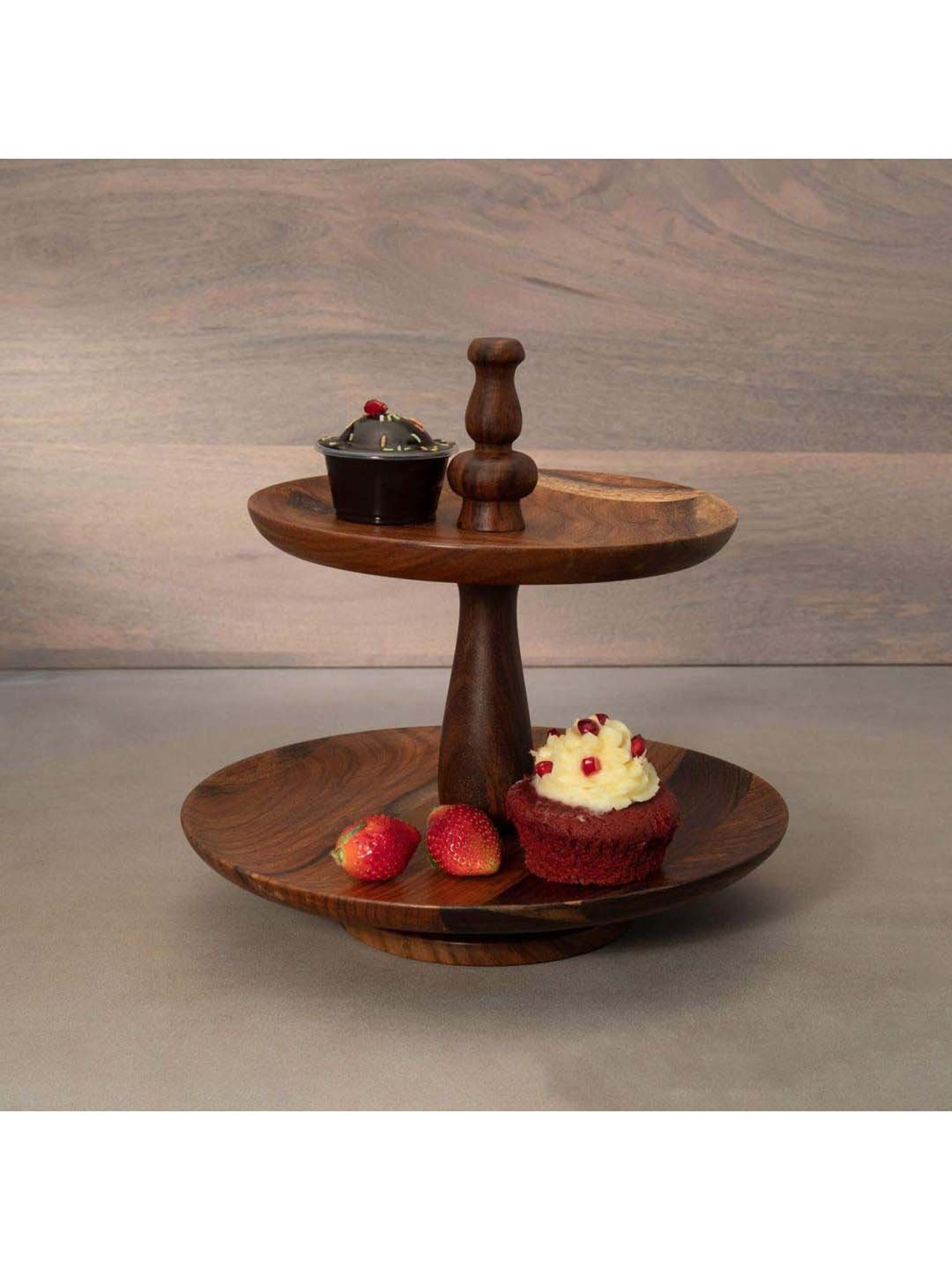 ellementry Natural Sheesham Wood 2 Tier Cake Stand - Set of 1