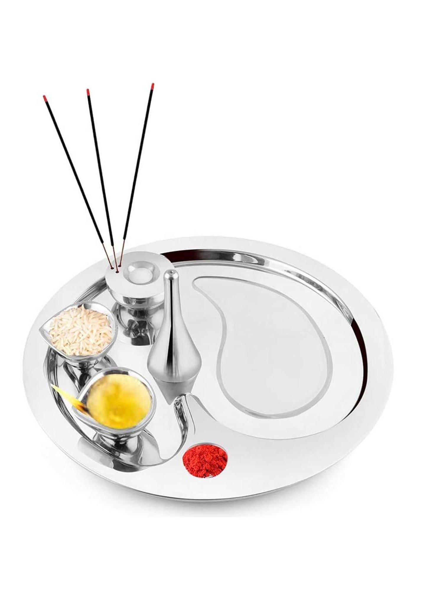 FnS Silver Stainless Steel 5-Piece Pooja Thali Set