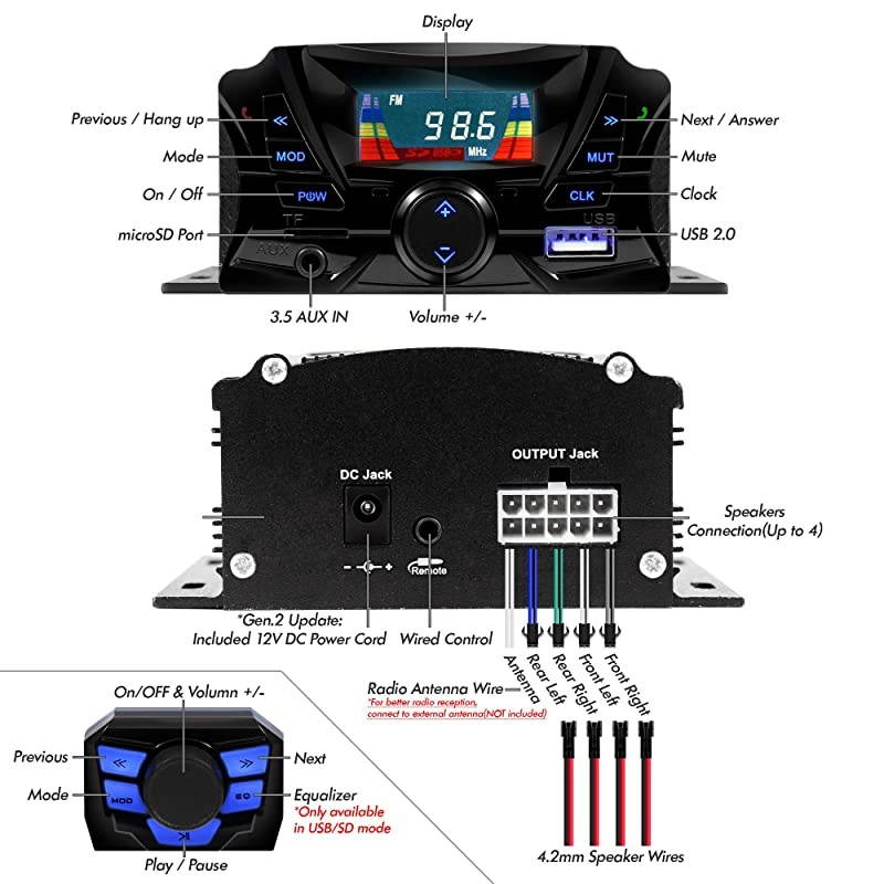 TS3-Q Gen.3 Motorcycle Weatherproof Bluetooth Speakers 7/8-1.25 in. Handlebar Mount MP3 Music Player Sound Audio Stereo Amplifier System ATV UTV w/AUX, USB, Micro SD, FM Radio, 4-Speaker