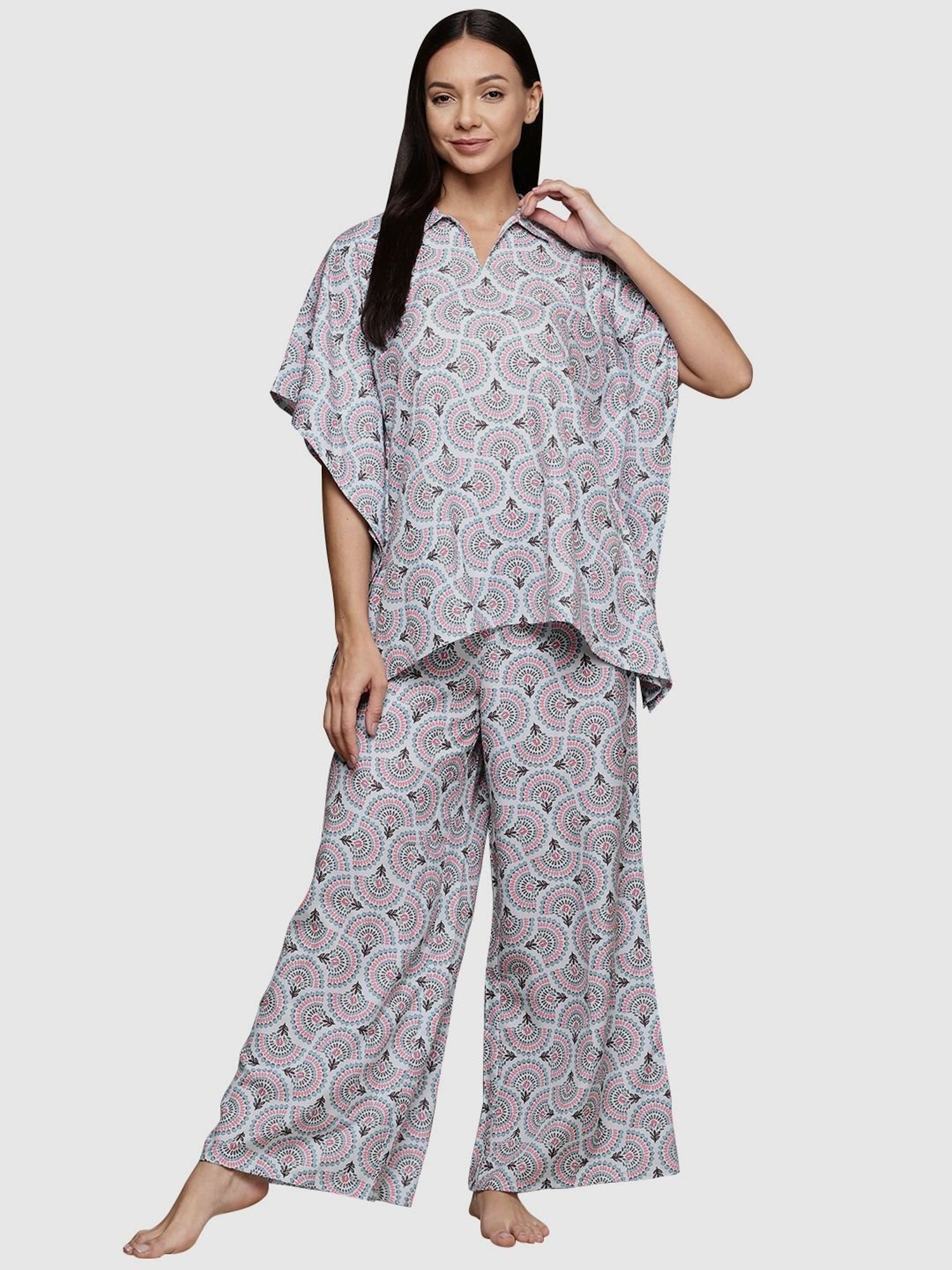 Ziyaa Grey Printed Kaftan Pyjama Set