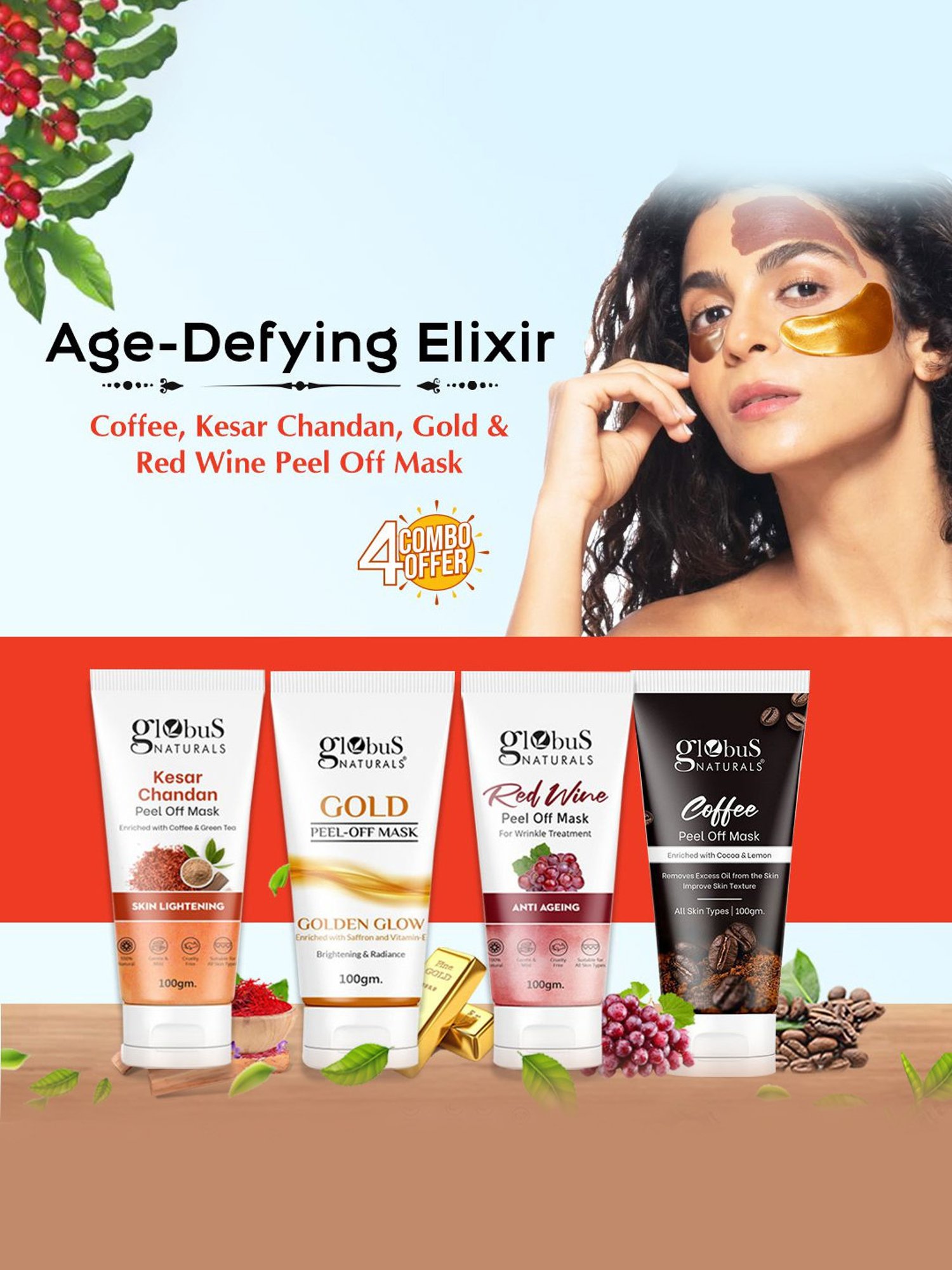 Globus Naturals Coffee, Kesar Chandan, Gold & Red Wine Peel Off Mask - Set of 4